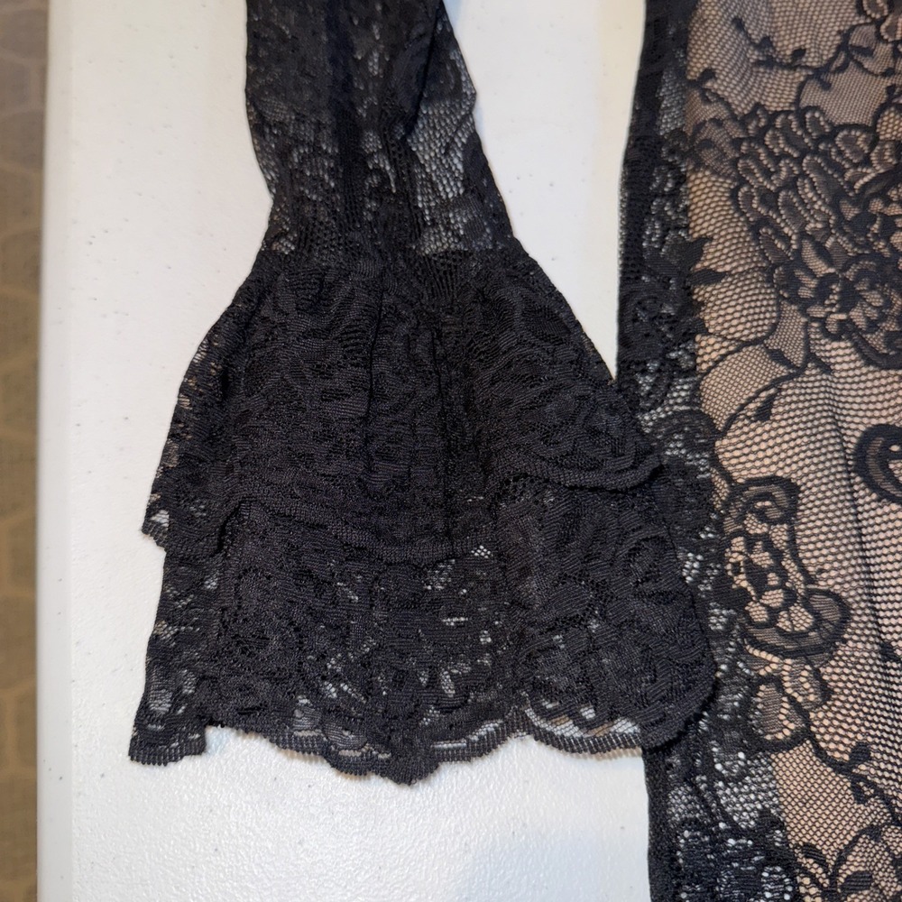 Black Floral Lace Long Sleeve Midi Dress with Bell Cuffs goth sex timeless - Picture 4 of 16